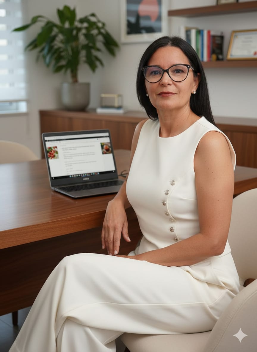 Dra. Lynda Jatobá, nutricionista integrativa, em seu consultório acolhedor em Copacabana, Rio de Janeiro